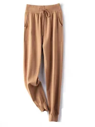 Pantalones de lana para mujer, pantalón grueso de punto de cintura alta, suave y cómodo, informal, 100%