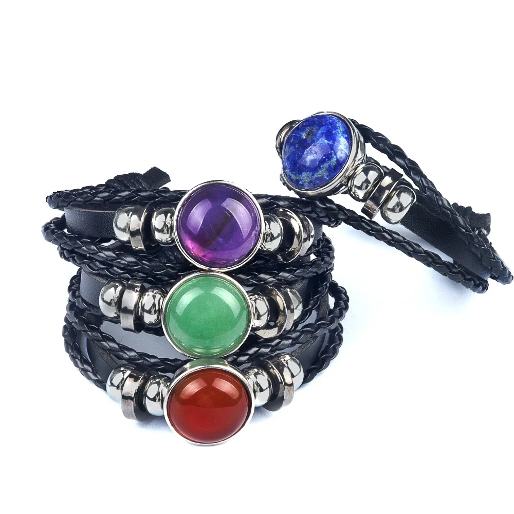 Natural Semi Precious Stone Lapis Lazuli Black Braided Leather Double-layer Woven Bracelet Exquisite Jewelry Accessories Gifts