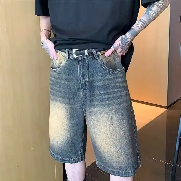 Shorts Jeans Vintage Lavados Unissex, Corte Slim, Perna Reta, Comprimento Médio, Cintura Média, Estilo Retrô, Para Verão e Us...