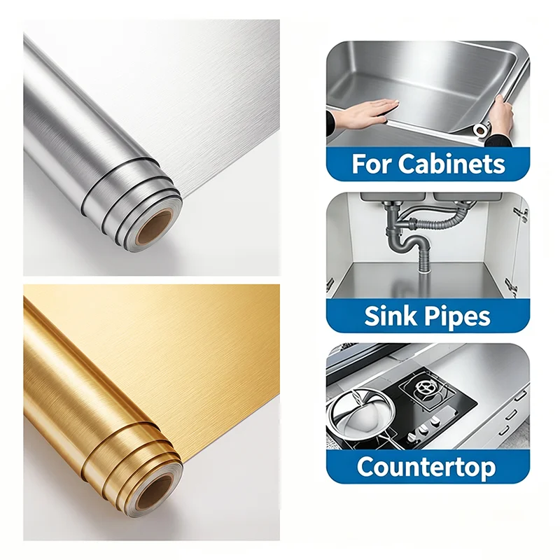 40cm Fireproof and Waterproof Brushed Silver Self-Adhesive Wallpaper Modern Refrigerator Living Room Kitchen Countertop