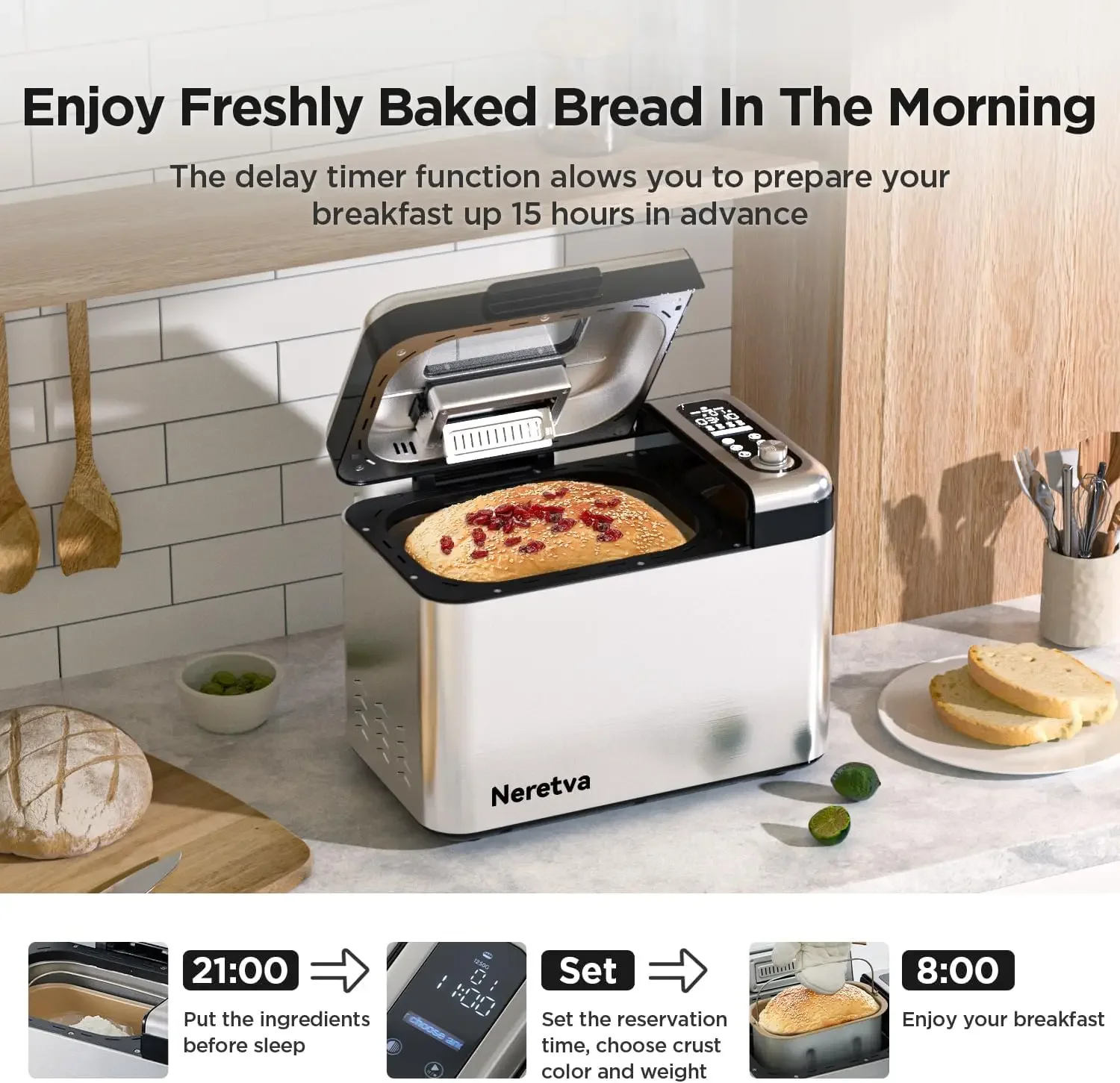 Bread Maker, 3.3LB Larger Bread Machine 15-in-1 Stainless Steel & Nonstick Ceramic Pan & Auto Nut Dispenser Breadmaker Machines