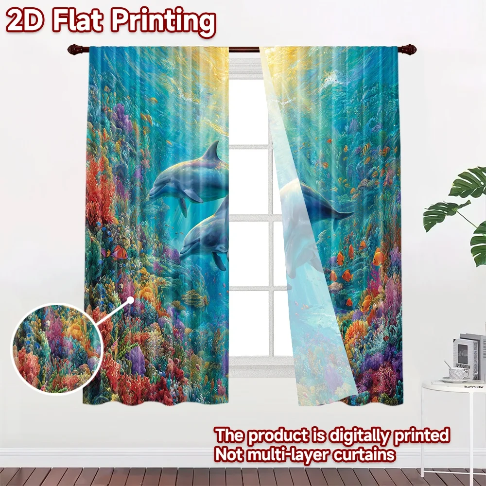 2D flat printing 2pcs Curtain Dolphins Coral Reef Ocean Digital Printed Polyester Drapes Festive Holiday Perfect for Photo