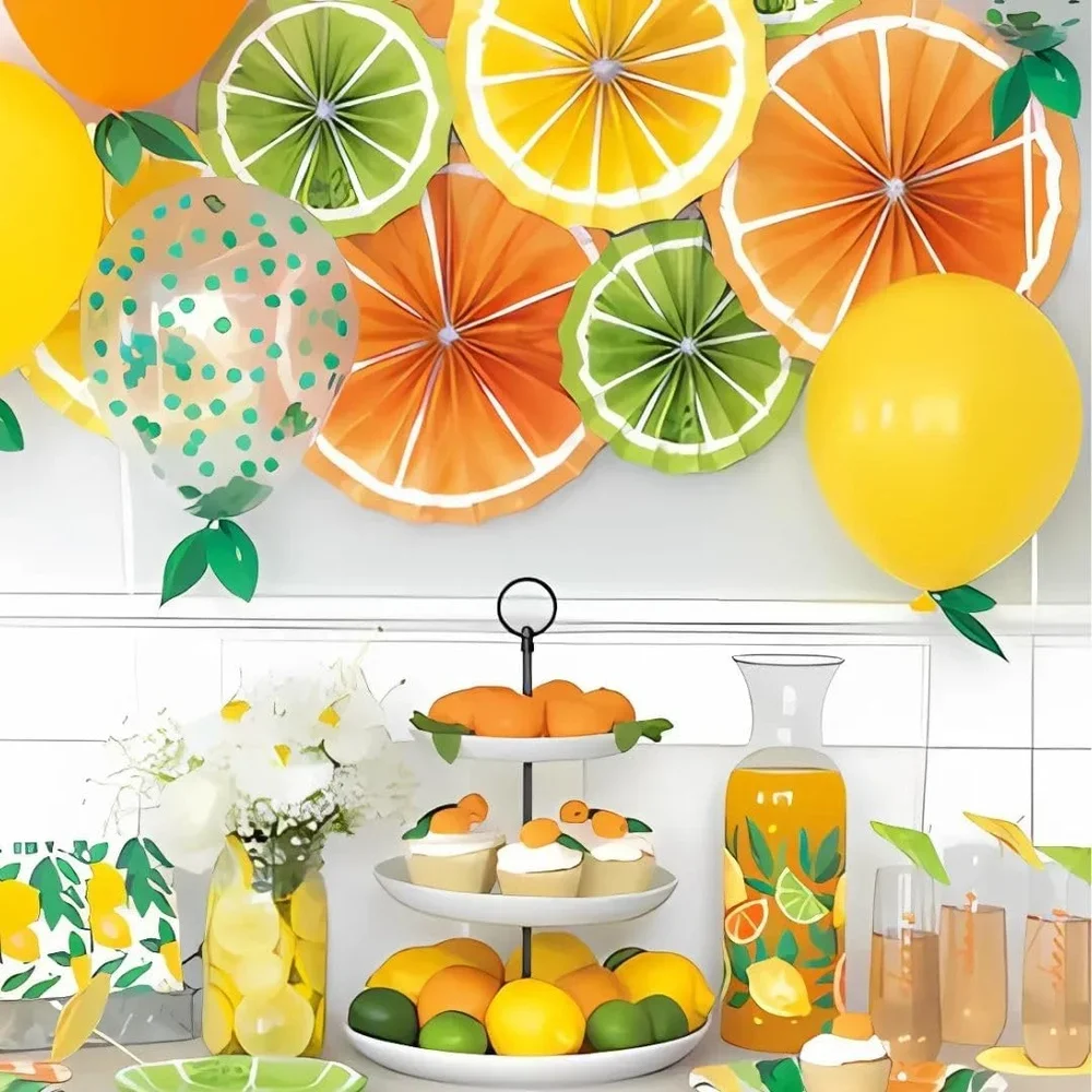 Multicolor Citrus Fruit Tissue Paper Fans Pack of 3 Vibrant Party Decorations Easy Assemble Tropical Summer Event Decor
