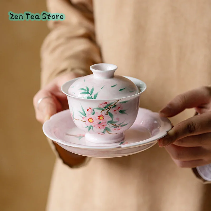 Pure Hand-painted Pink Peach Blossom Covered Bowl Teacup Ceramic Kung Fu Tea Set Large Single Two Tea Bowl Lady Small Fresh