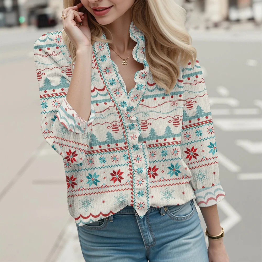 

Женская рождественская блузка из крепа с рюшами и кружевным воротником, рубашка с длинными рукавами, женская винтажная блузка в стиле Харадзюку, свободные топы
