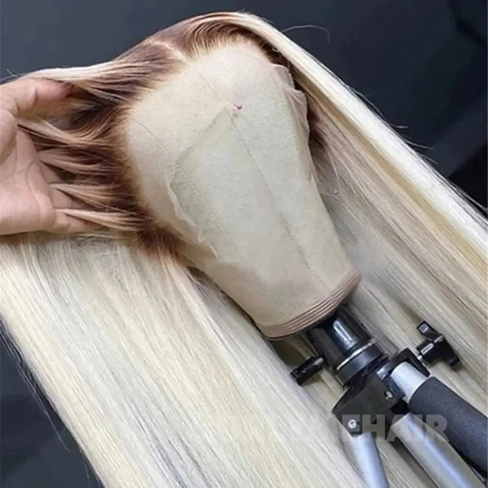 

24-дюймовые роскошные синтетические парики с эффектом омбре, блонд с коричневыми корнями, прямые, с кружевной передней частью 13x4, для женщин, с детским волосомиком