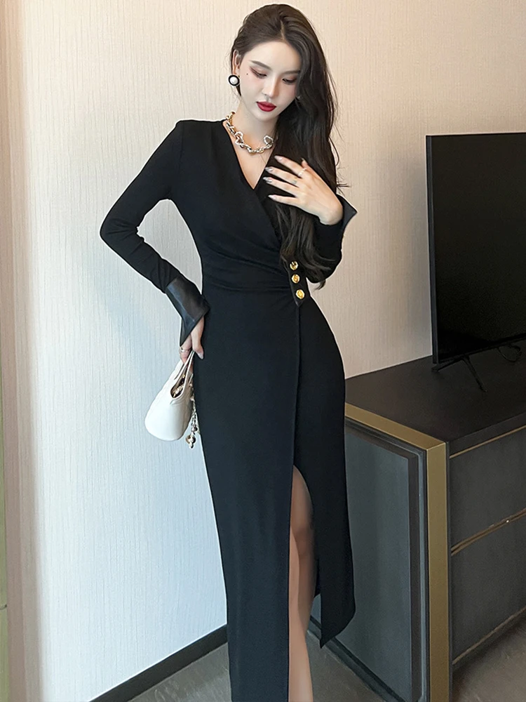 Spring Autumn Knitted Women Evening Dress Chic Sexy V-Neck Bodycon Midi Dresses Party Gown Stretchy Robe Femme Mujer Vestidos