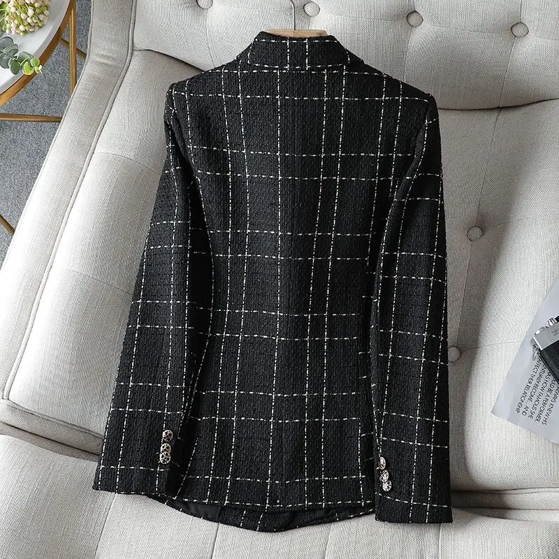 Chic Plaid Blazers Women Office Fashion Casual Elegant Temperament Lapel Simple All-match Jacket Double Breasted Clothing