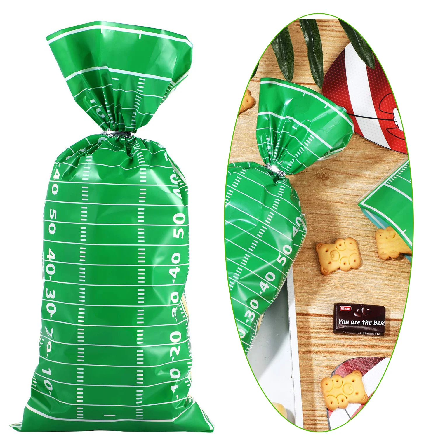 

Football Party Favor Cellophane Goody Bags Heat Sealable Football Field Cookie Candy Bags with Silver Twist Ties for Party Supp