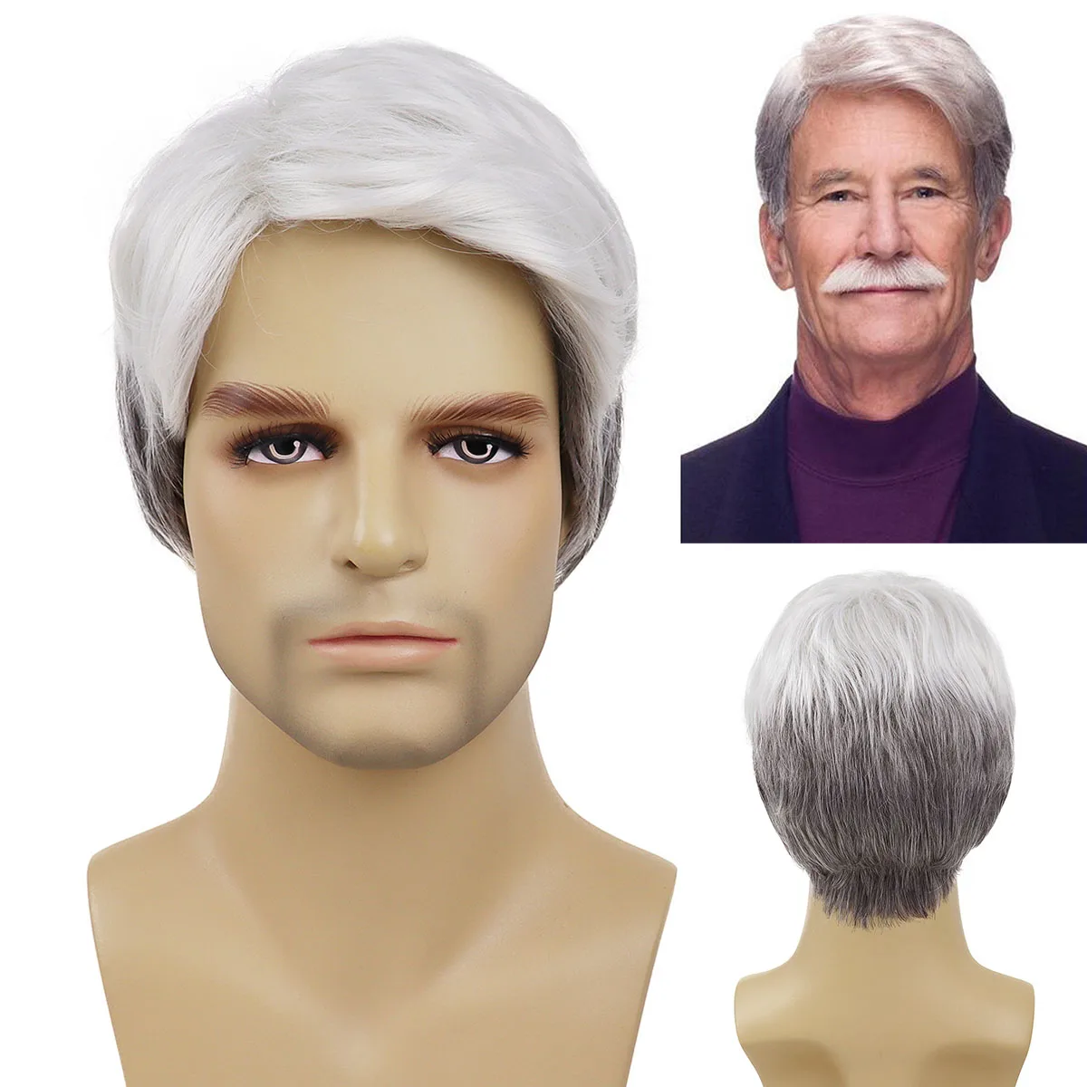 

Synthetic White to Grey Older Men Haircut Short Straight Male Wigs with Side Bangs Daily Cosplay Smooth Natural Heat Resistant