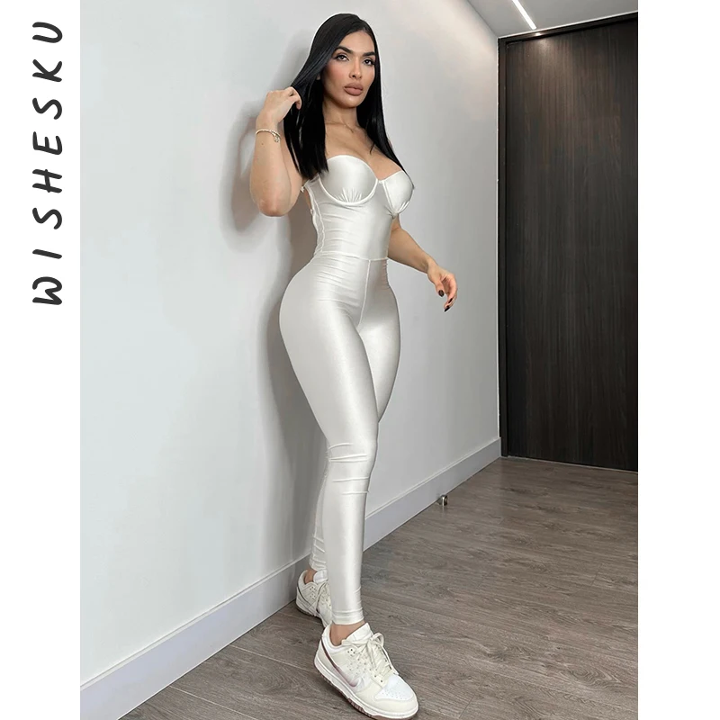 Sexy Strapless Corset Jumpsuits Women Silver Backless Skinny One Piece Rompers 2024 Spring Fall Lolita Y2K Clothes