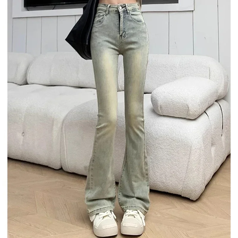 Woman High Waist Designer Flare Jeans Female High Street Elastic Bell Bottom Pants Girls Fashion Yellow Slim Fit Denim Trousers