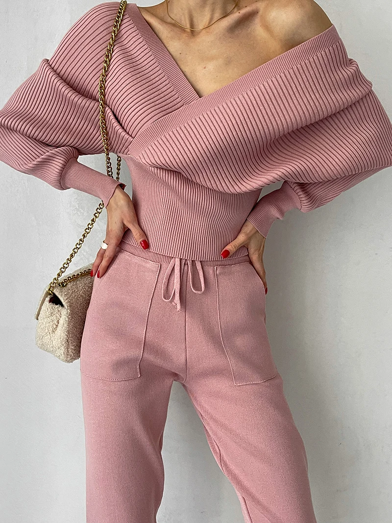 Sexy Ribbed Pajama Set Women Casual Tracksuit Women Two Piece Set 2 Piece Long Sleeve Knit Sweater Pants Matching Sets For Women