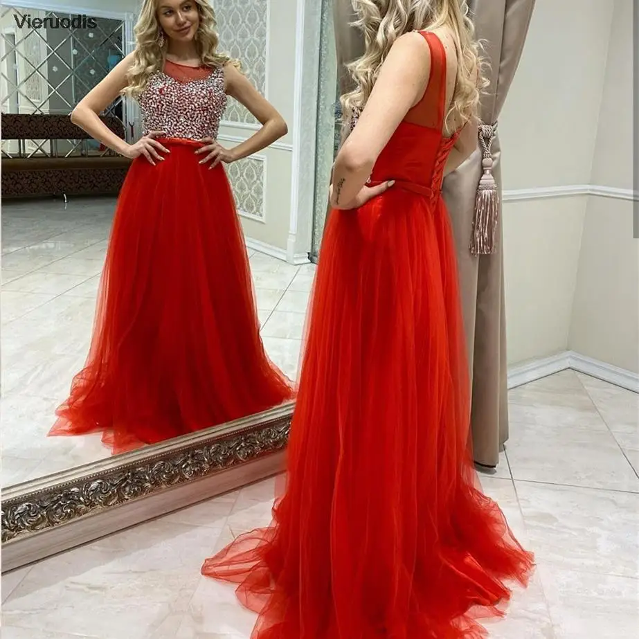 فستان سهرة أحمر على شكل حرف a رقبة دائرية بدون أكمام دانتيل مطرز خرز شيفون فيونكة بدون ظهر طول الأرض ذيل محكمة فستان حفلات 2022 #2