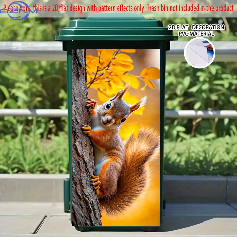 of 2D Flat Autumn-Themed Squirrel Stickers for Trash Bins, Made of PVC. These Decorative Stickers Are Suitable for Wheelie Bin