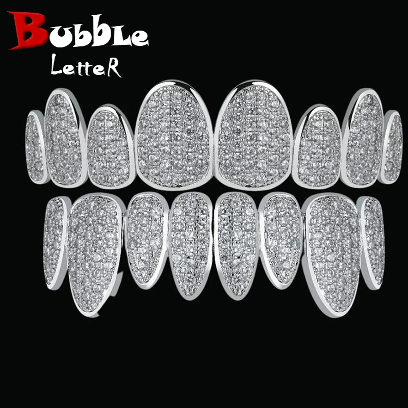 Bubble Letter Punk Teeth Caps Cosplay Style Luxury Grillz Set Iced Out Micro Pave Hip Hop Jewelry