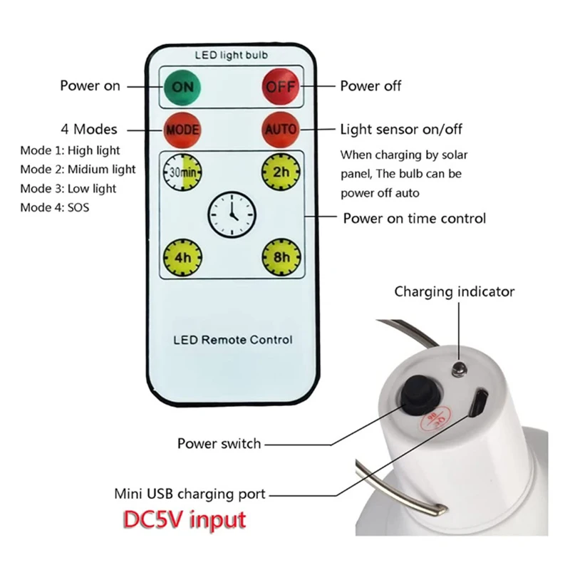 キャンプ用リモコン付きポータブルLEDソーラー電球,屋外用ポータブル電球,フック,テント,家庭用緊急懐中電灯