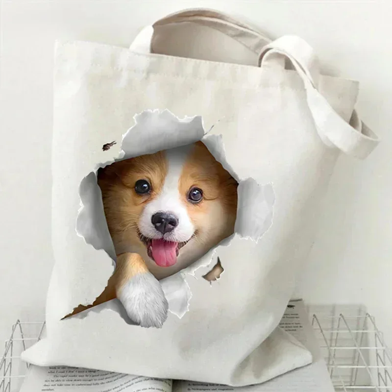 

3D Animals Dog Print Shoulder Bag Women Men Cartoon Dog Tote Bags Student Casual Large-capacity Shopping Harajuku Canvas Handbag