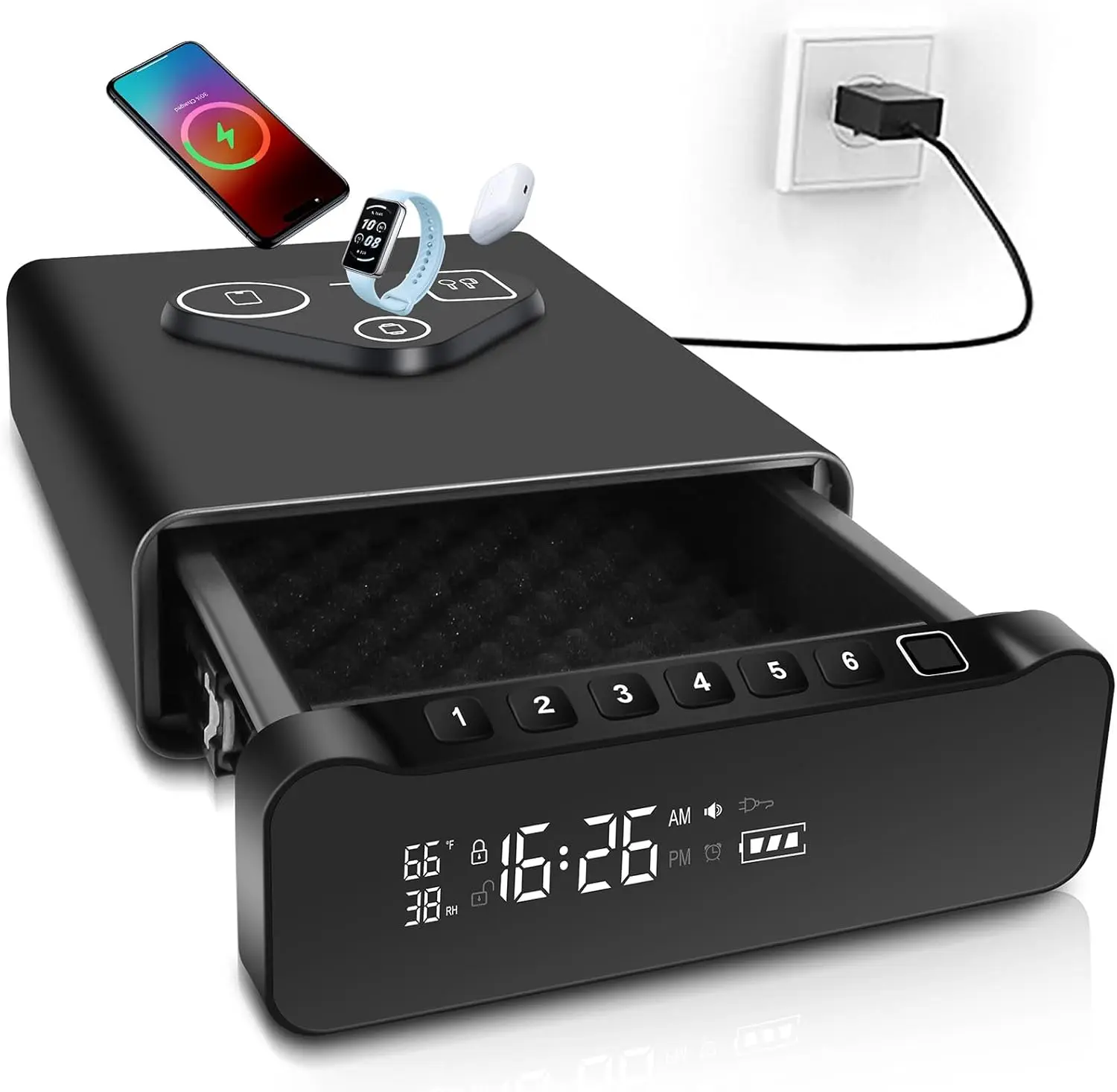 Fingerprint Biometric Gun Safe, Clock Handgun Safe with 3-in-1 Watch & Phone Wireless Charging, Drawer Lock for Hand guns, Cash,