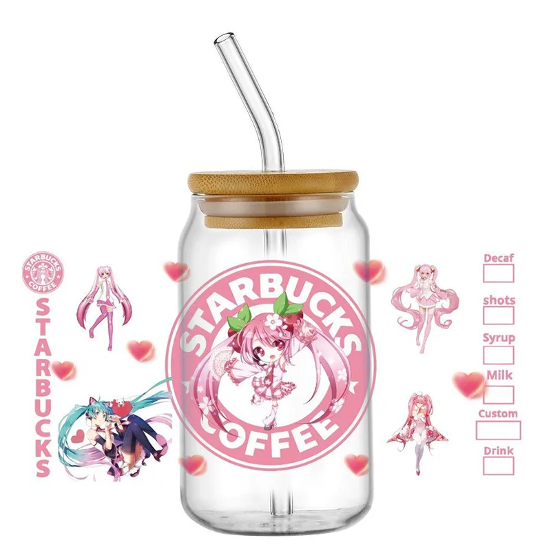 Miniso Cartoon 3D UV DTF Wraps Transfer Sticker DIY for 16oz Libbey Glass Cup Waterproof Wrap Mikuo Transfers Sticker Coffee Cup