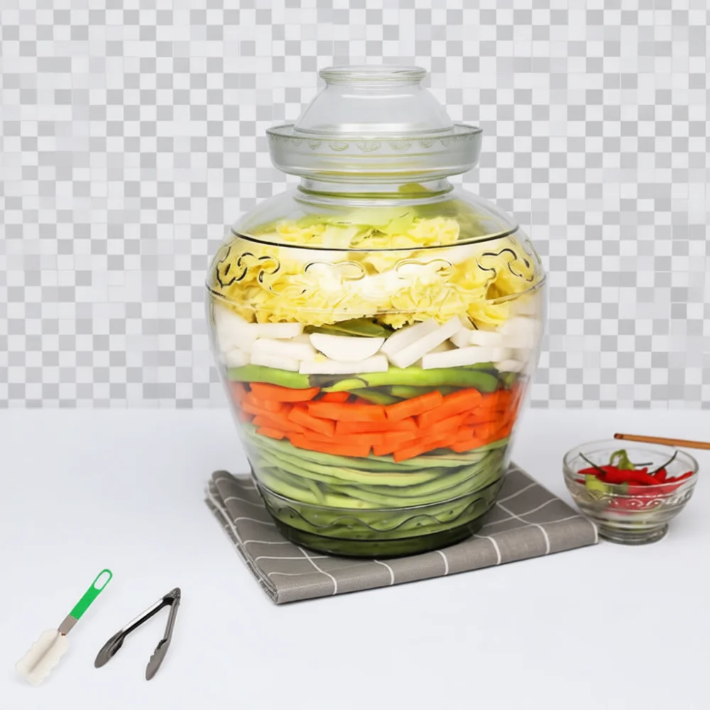 Embossed Glass Pickling Jar Water Seal Fermentation Crock Transparent Kimchi Container Kitchen Food Storage Jar Healthy Ferment