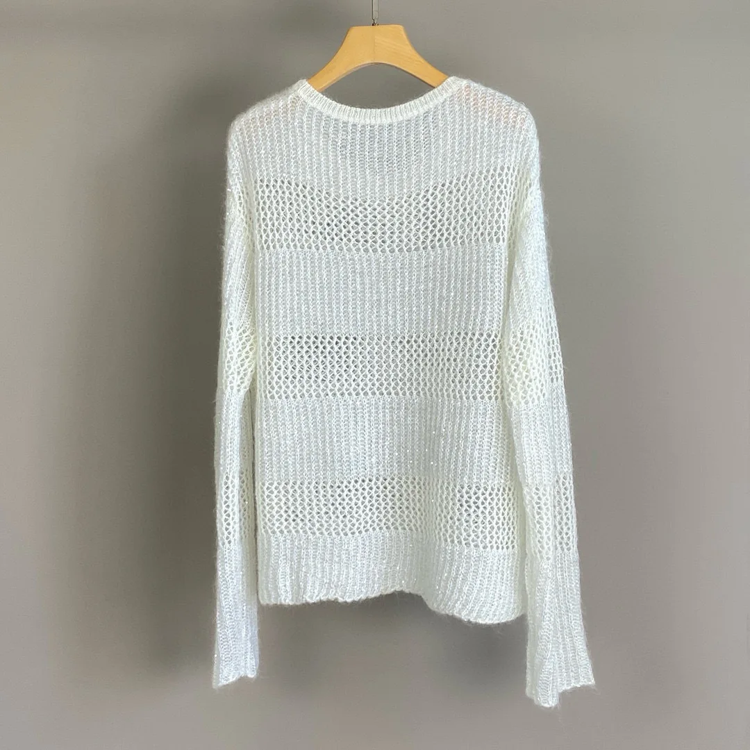 

2025 Early Autumn New Lazy Style Loose Sequined Hollow Knitted Sweater Round Neck Women'S Autumn And Winter Sweater