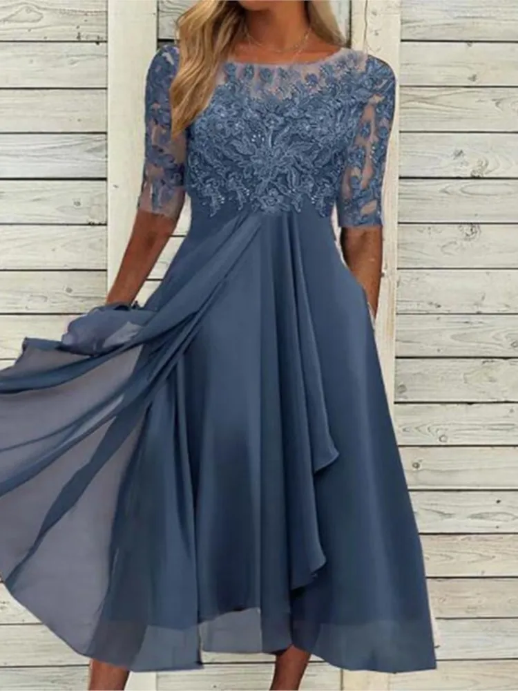 Fashion O-neck Short-sleeved Waist Dress For Women Elegant Solid Color Chiffon Spliced ​​lace Hollow Evening Dresses Female