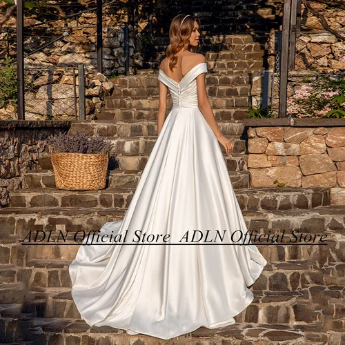 Imagen 2 del producto ADLN Vestido De novia De satén personalizado, manga casquillo, cuello en V, plisado, drapeado en la espalda, cremallera, tren De barrido, Vestido De novia sencillo