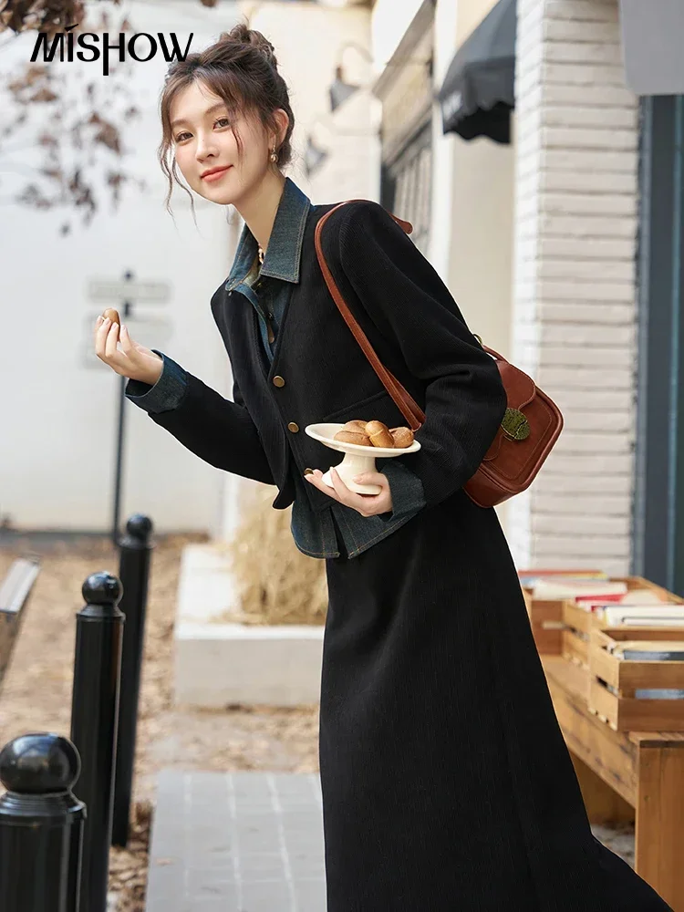 MISHOW Women\'s Vintage Denim Patchwork Two-piece Set Autumn Winter Fashion Coat A-line Skirt Separately Suit MXC52W0211