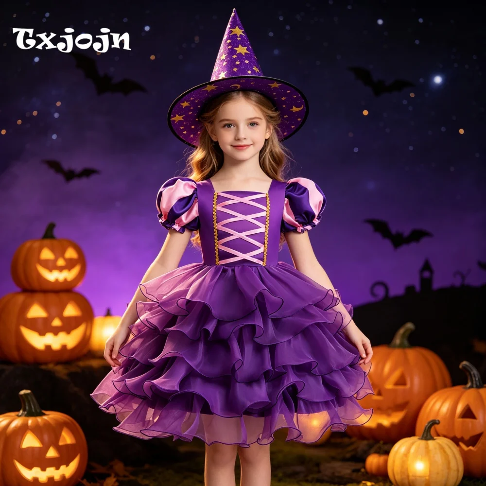 Halloween Girl's Dress with Free Hat 3-14 Years Old Girl's Layered Fluffy Dress Puff Sleeve Purple Mesh Dress Performance Dress