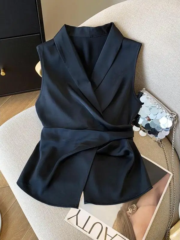 

Ele Silk No-Sve irt Women's Faion Cross-Tie Vest Summer New Design Sensation Slim Fit V-Ne ort Length Pure Color