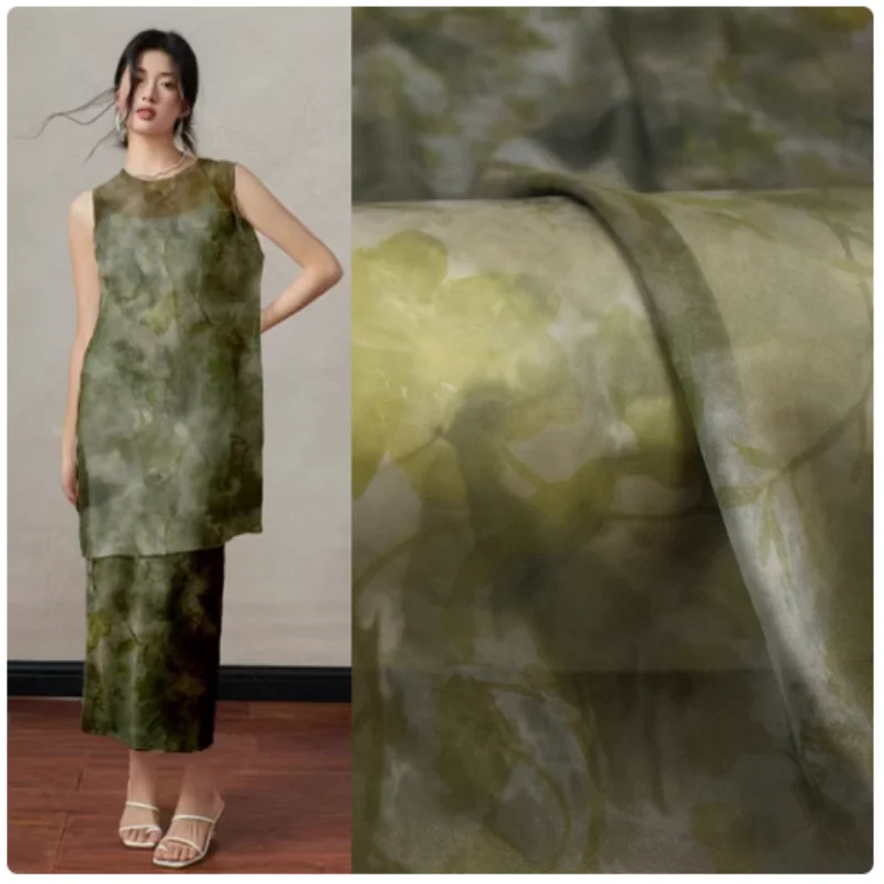 Retro Army Green Smudge Big Flower Chiffon Fabric, Dress, Cheongsam, Han Cloth Sewing Tissue, Super Thin, Transparent T2342