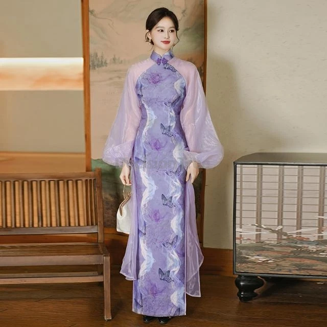 Luxury Chinese Style Stage Performance Cheongsam Elegant Party Wedding Women Puff Sleeve Dress Fairy Banquet Long Qipao Dress