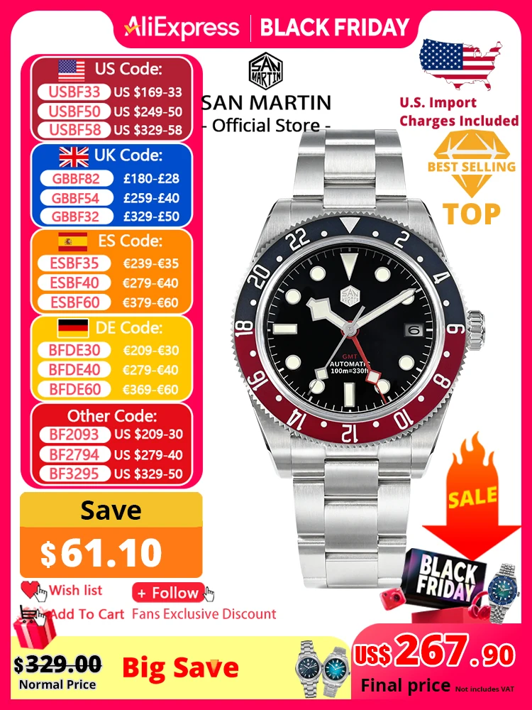 

San Martin 39 мм NH34 GMT Мужские роскошные часы Двунаправленный алюминиевый безель Автоматические механические сапфировые часы 100 м Водонепроницаемые SN0109