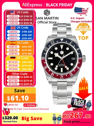 San Martin 39mm NH34 GMT reloj de lujo para hombre bisel de aluminio bidireccional zafiro mecánico automático 100M impermeable SN0109