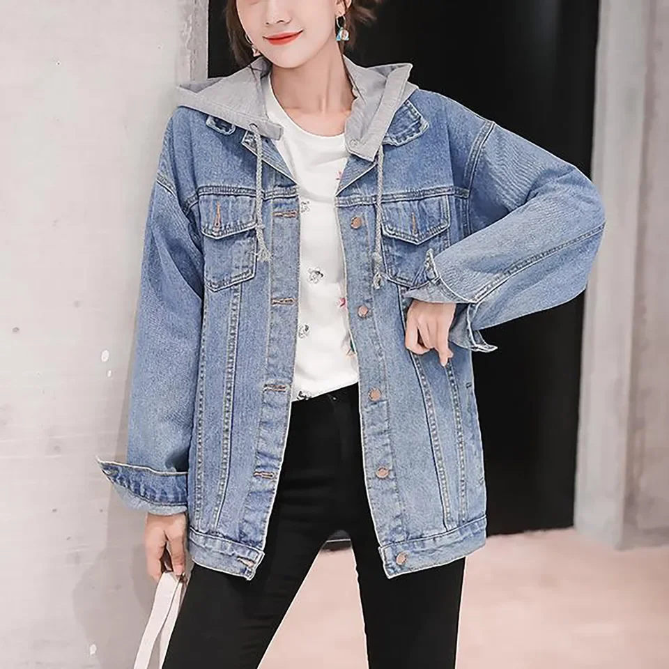 Women'S Oversized Loose Boyfriend Denim Single Breasted Patchwork Hooded Jean College s Women'S