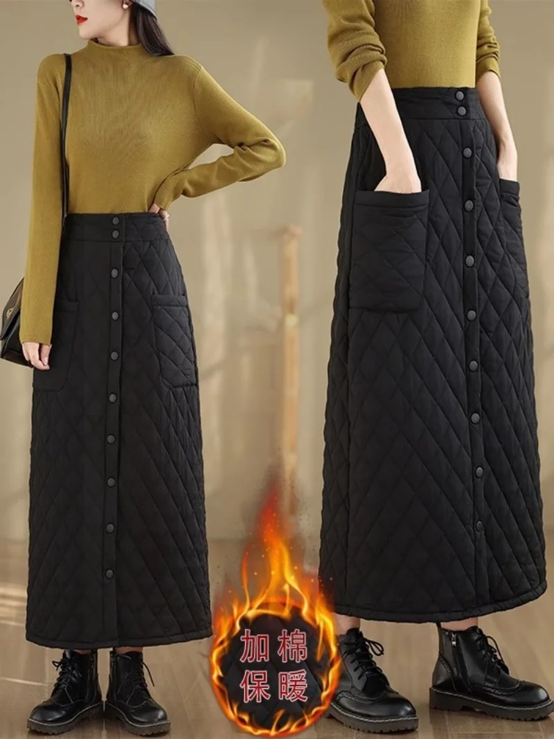 2025 Autumn And Winter Cotton Skirt High Waist Large Size Extended Windproof Warm Down Cotton A-Line Thick Button Skirt w816