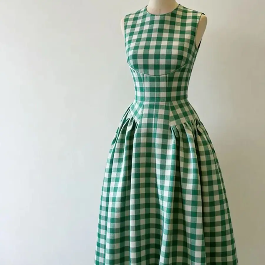 Mint Green Grid Elegant Sleeveless Dress For Women'S Summer Niche Retro Temperament Slim Fit Long Skirt - Image 4