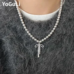 Fashion Jewelry Elegant Temperament Gray Color Simulated Pearl Bowknot Pendant Necklace For Women Accessories Gifts Hot Sale