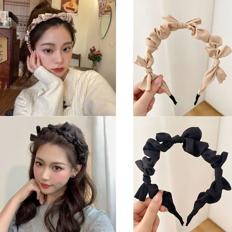 Fashion Satin Bow Tie Hair Bands for Women Solid Color Hair Hoop Headwear Bandeau Cheveux