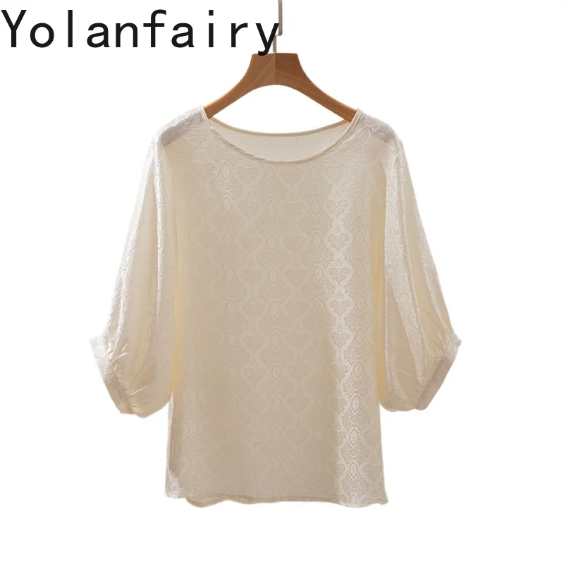 

YOLANFAIRY Новые футболки из 100% тутового шелка, женские романтические французские футболки, женская футболка с рукавами-фонариками, свободные летние топы с круглым вырезом