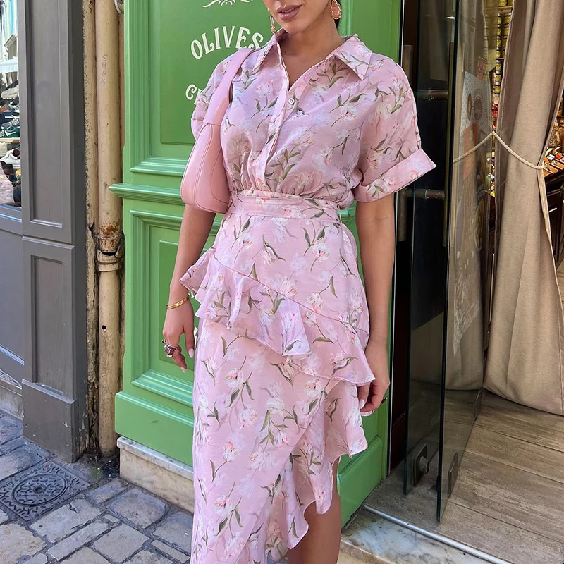 Abito da festa irregolare con bottoni alla moda da donna Elegante abito a camicia con volant con risvolto con stampa floreale Abito lungo casual a maniche corte con orlo sottile