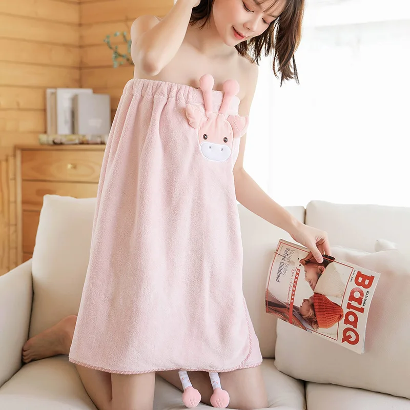 Women’s Summer Adult Towel Dress – Chest-Baring Wearable & Wrap-Around Design Thickened Coral Fleece Highly Absorbent