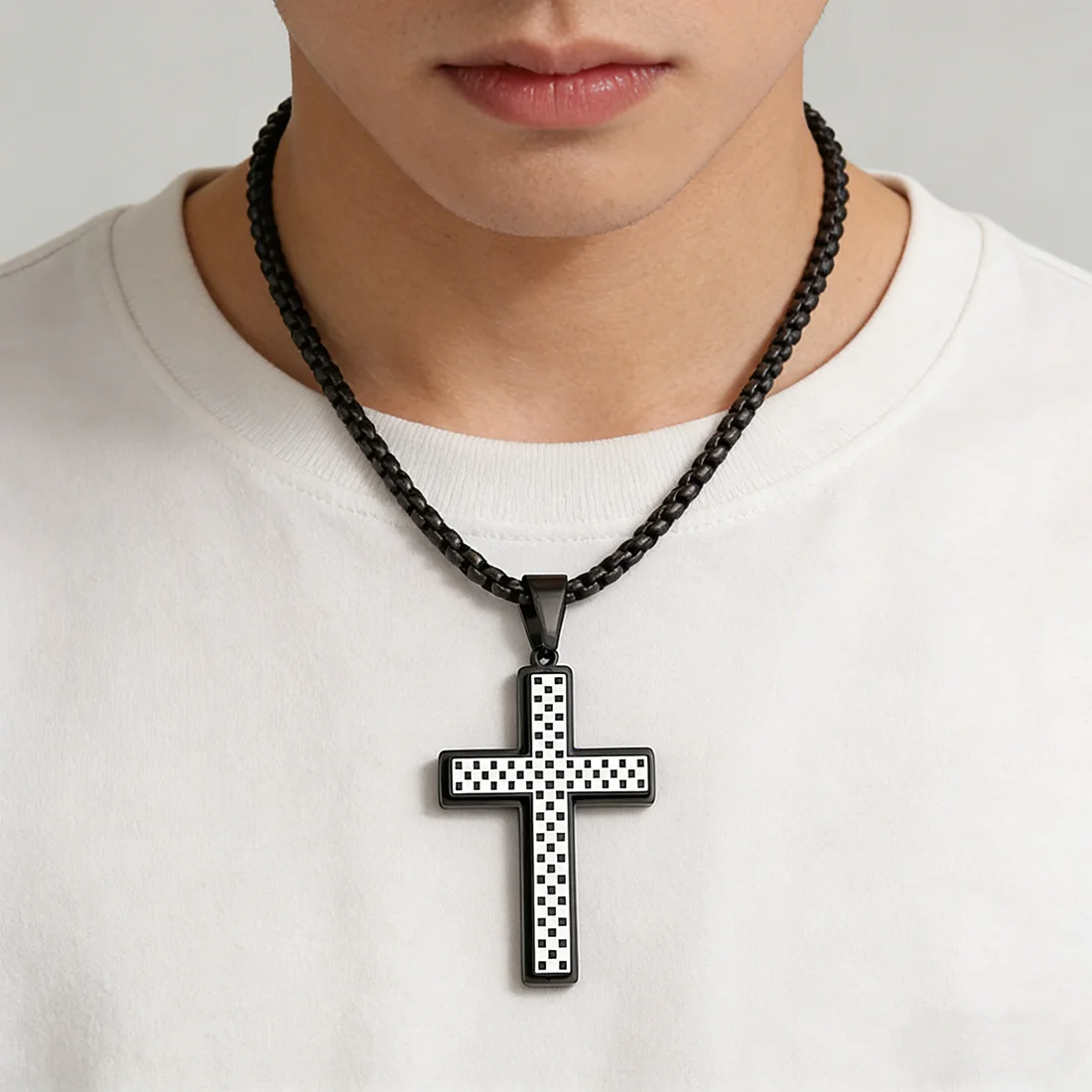 Stainless Steel Checkerboard Cross Pendant Necklace Men Women Classic Double Layers Tarnish Resistant Waterproof Religious Charm