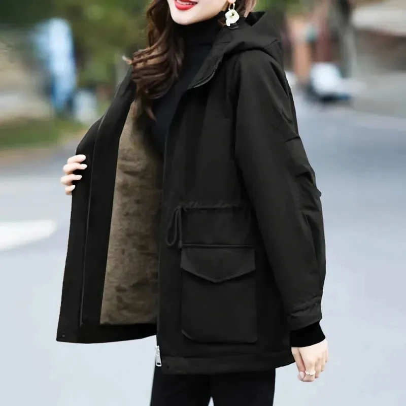 NewWinter Moda Cappotto Parka Donna Velluto e addensato Casual Allentato con cappuccio a maniche lunghe Giacca imbottita in cotone Cappotto femminile