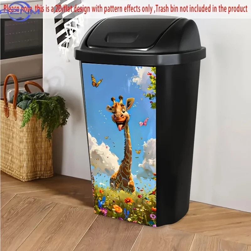 Trash Can Sticker. 37.01*81.99cm. Giraffe, Butterflies and Flowering Plants Pattern. Cheerful and Childlike. Creative Trash Ca view 2