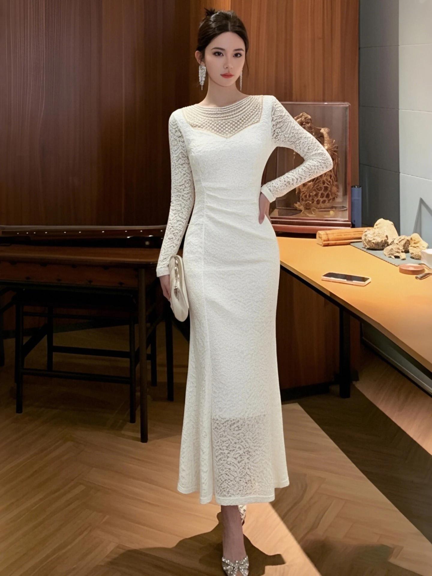 Ele Design Slimming Autumn New Sle French Sle High Waist Dr Fi Tail Skirt Long Sve A-Line Dr for Ladies