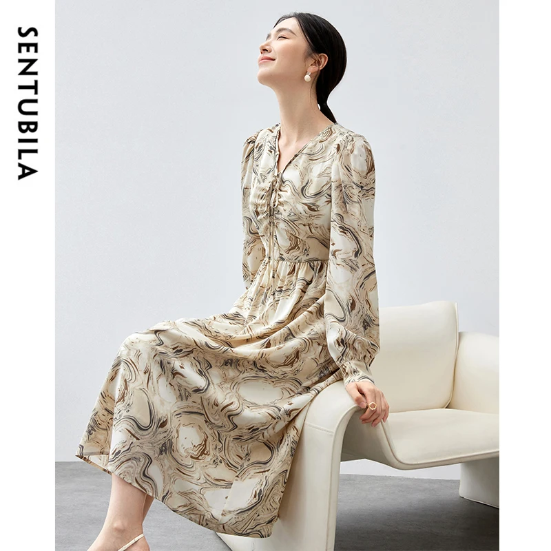 SENTUBILA A-line Lace Up Print Dress for Women 2024 Fall Elegant Shirring V Neck Long Dress Puff Sleeve Holiday Dress 143L56534