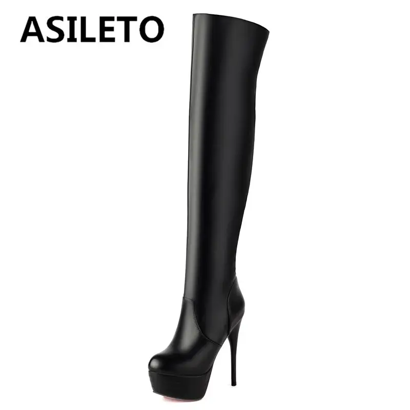 ASILETO Sexy Women Thigh Boots Round Toe Stiletto 12cm Platform Zipper Large Size 44 45 46 Party Club Dancing Stretch Booties