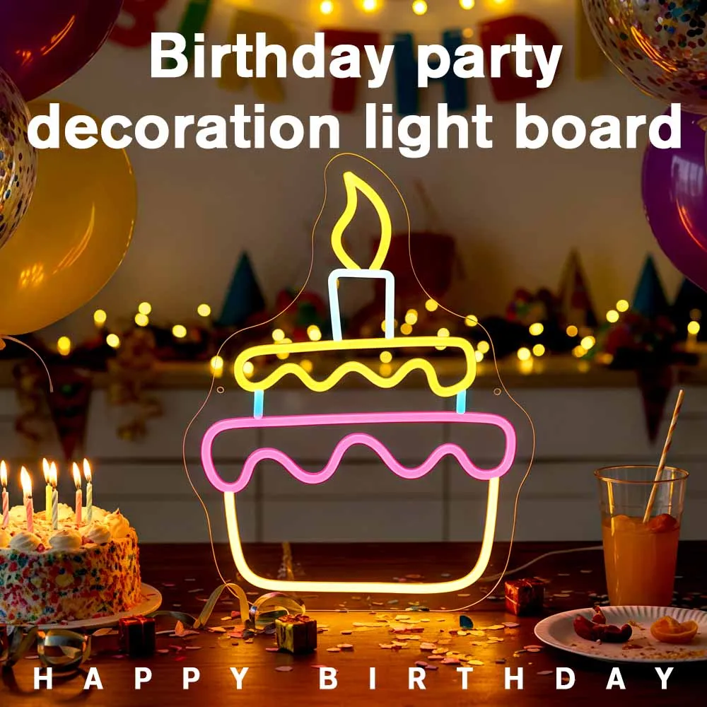

Happy Birthday Neon Signs Birthday Cake Shape LED Lights for Birthday Party Decoration Wedding Backdrop Wall Decoration Gift
